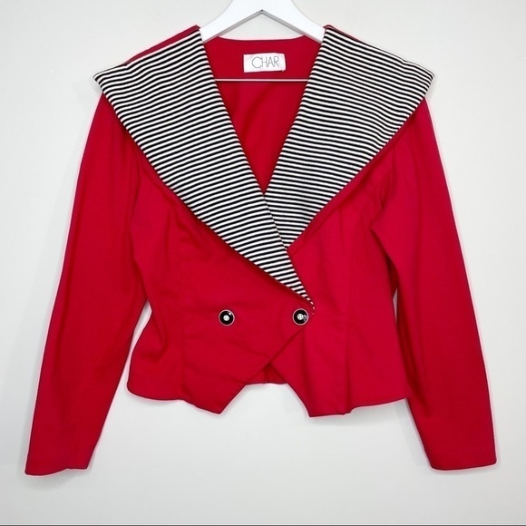Vintage 80s Red And Black & White Striped Asymmetrical Blazer Size Small - Picture 1 of 8